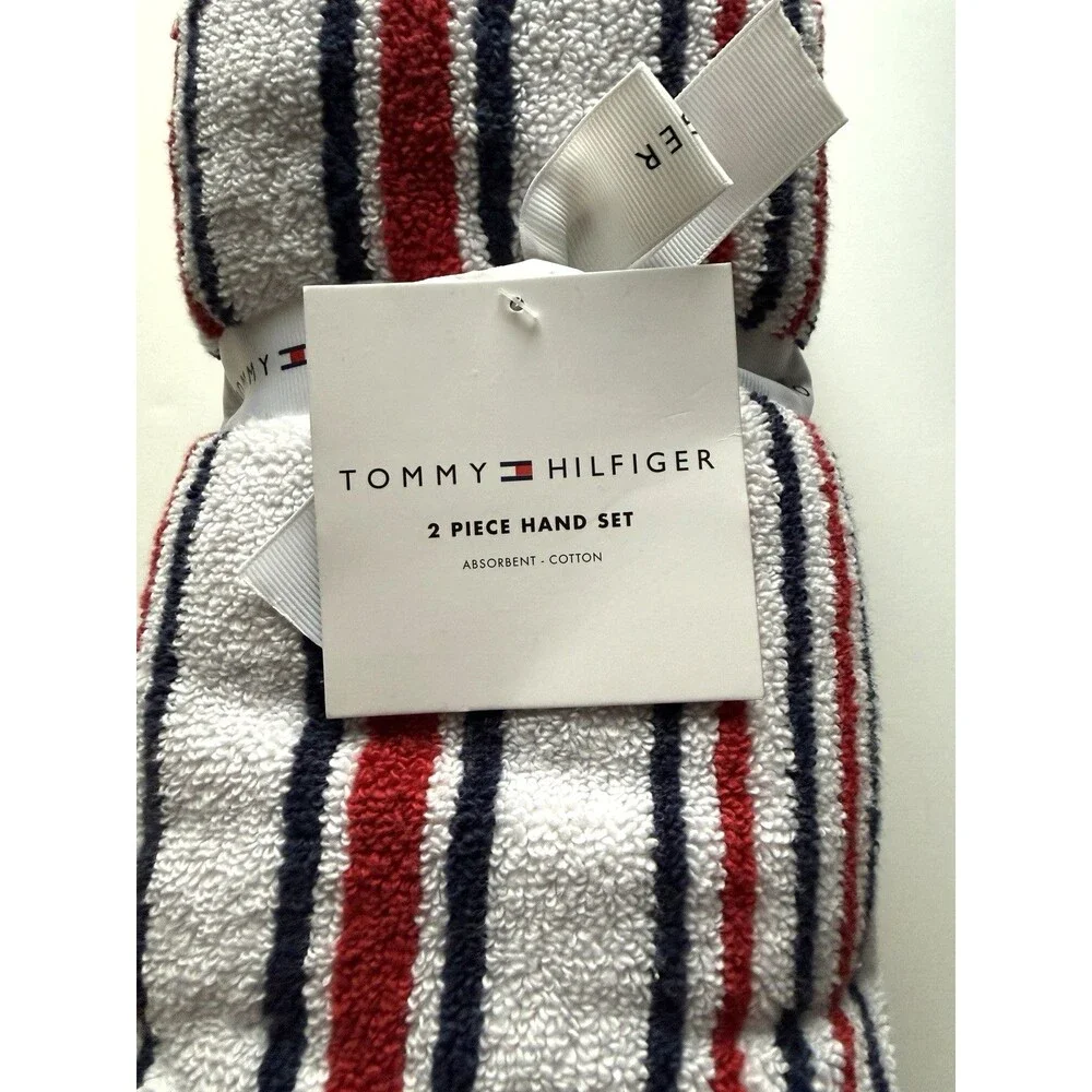 Tommy Hilfiger Hand Towels Set of 2 Bathroom Red White Blue Striped 4th of July